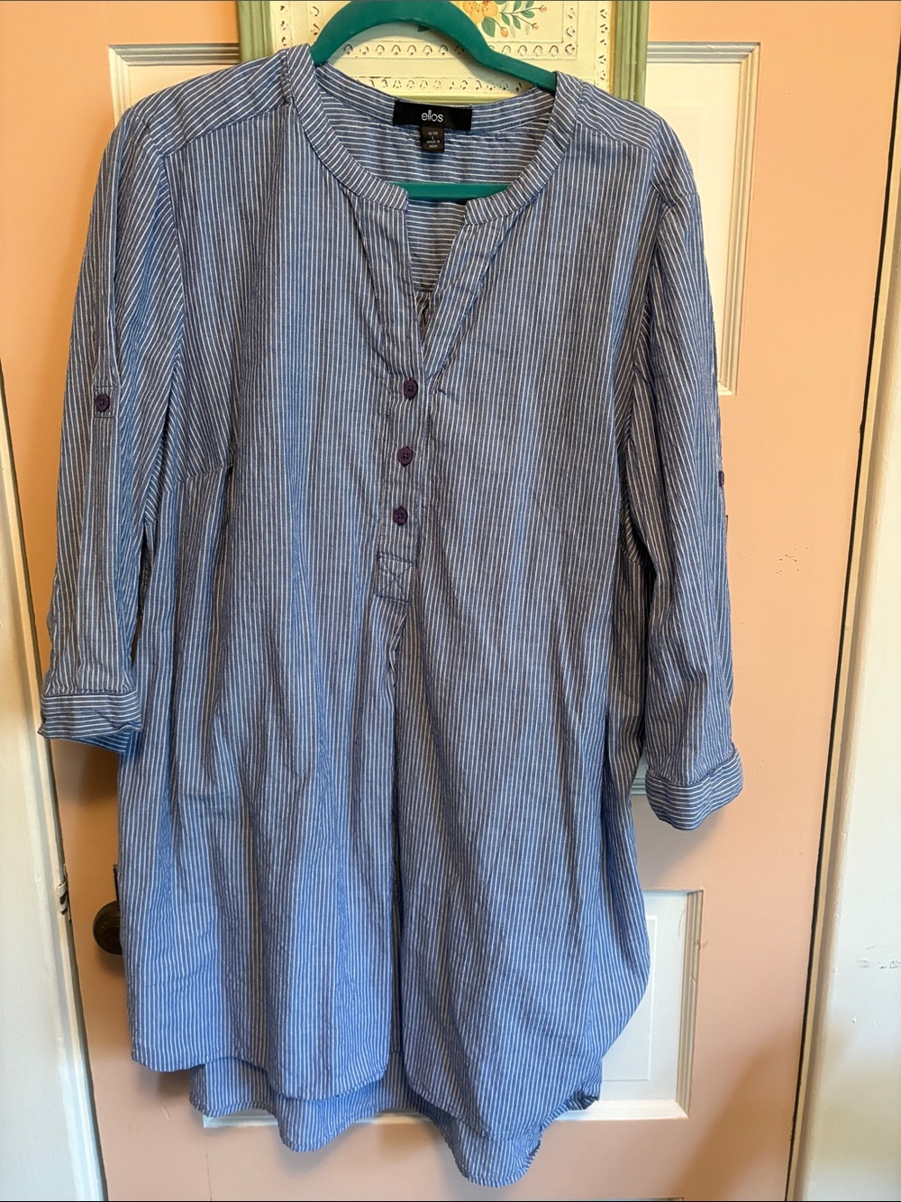 ellos Blue and White Pinstripe Button-Front Tunic Shirt